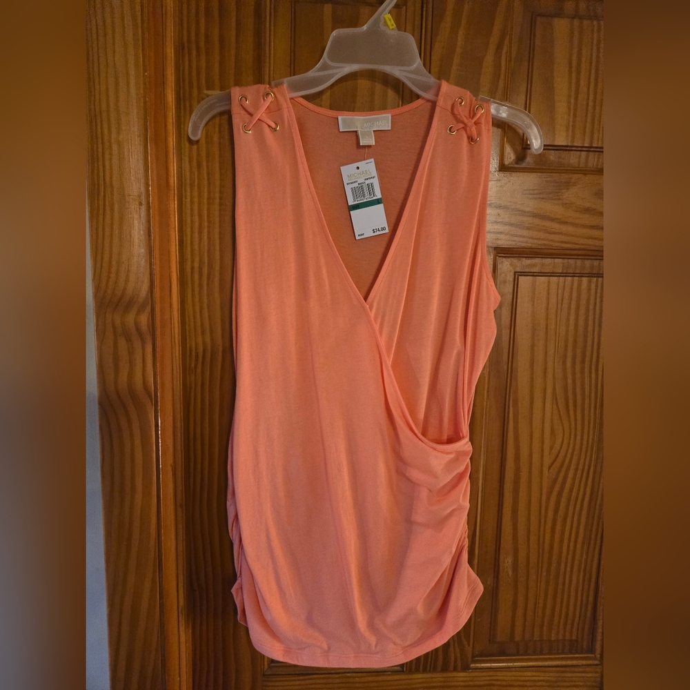 Michael Kors Coral Sleeveless Faux-Wrap Tank with Grommet Detail NWT